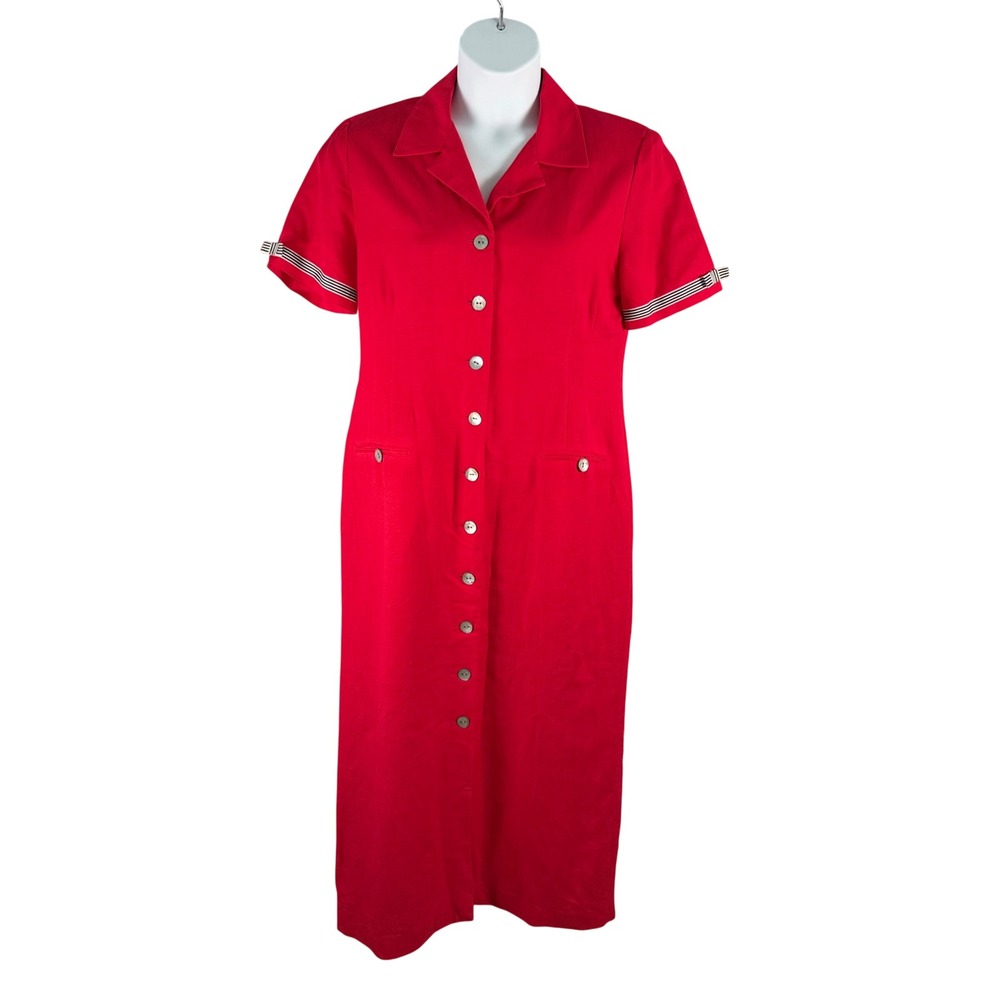 Jessica Howard Red Linen Blend Button Front Maxi Dress Womens 14 Short Sleeve‎